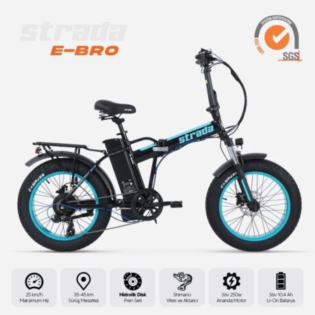 Strada E-BRO H Disk Fat Bike 20 Jant Katlanır Elektrikli Bisiklet Siyah-Mavi