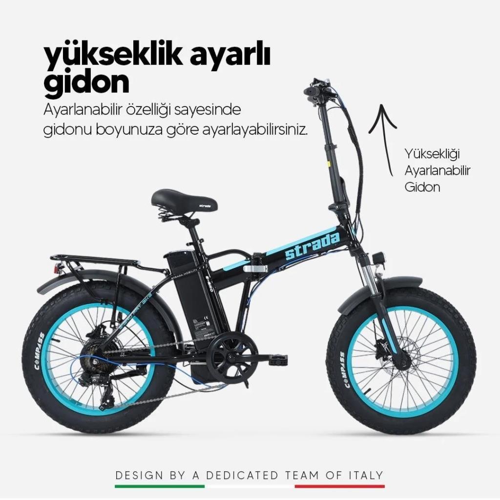 Strada E-BRO H Disk Fat Bike 20 Jant Katlanır Elektrikli Bisiklet Siyah-Mavi - Görsel 4