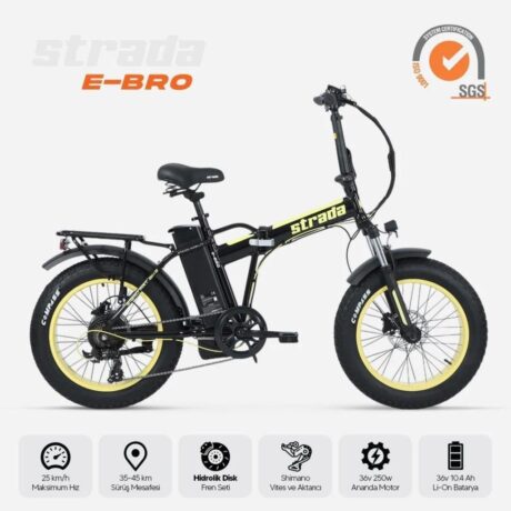 Strada E-BRO H Disk Fat Bike 20 Jant Katlanır Elektrikli Bisiklet Siyah-Sarı