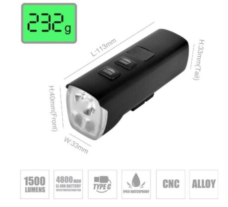 Briviga LW-F1400 USB-C 1500 Lümen Power Bank Özellikli Ön Işık Bisiklet Lamba